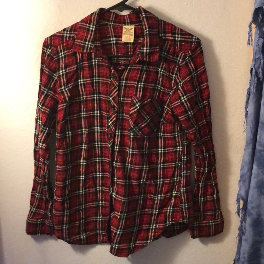 Red Black White Gold Flannel Button Down Cute